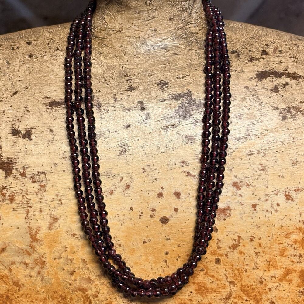 Triple Strand Garnet Necklace with Sterling Silver Findings 15.5 Inches